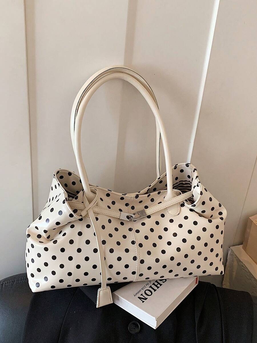 1pc Solid Color PU Fabric Polka Dot Pattern Metal Buckle Decor Large Capacity Women's Tote Bag Suitable For Commuting And Shopping - A - View 1