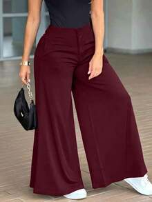 Pantalones anchos y sueltos de unicolor y casual para mujer, elegantes y minimalistas, de color negro para la primavera - Burdeos - Ver 3