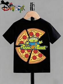 Disney Licensed Toy Story "Pizza Planet" Double-Sided Print Kids' T-Shirt, Cute Cartoon Casual Tee, Perfect For Daily Wear, School Activities, Family Outings And Theme Park Trips, Shipped From Local Warehouse - màu đen - Xem 3