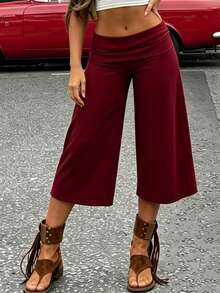 Women Yoga Capri Pants Wide Leg Cropped Pants With Fold Over Waistband For Fitness Workout Light Grey Lounge Pants For Women Elastic Waist 3/4 Length Pants Casual Culottes Trousers For Daily Wear - 酒紅色 - 查看 4