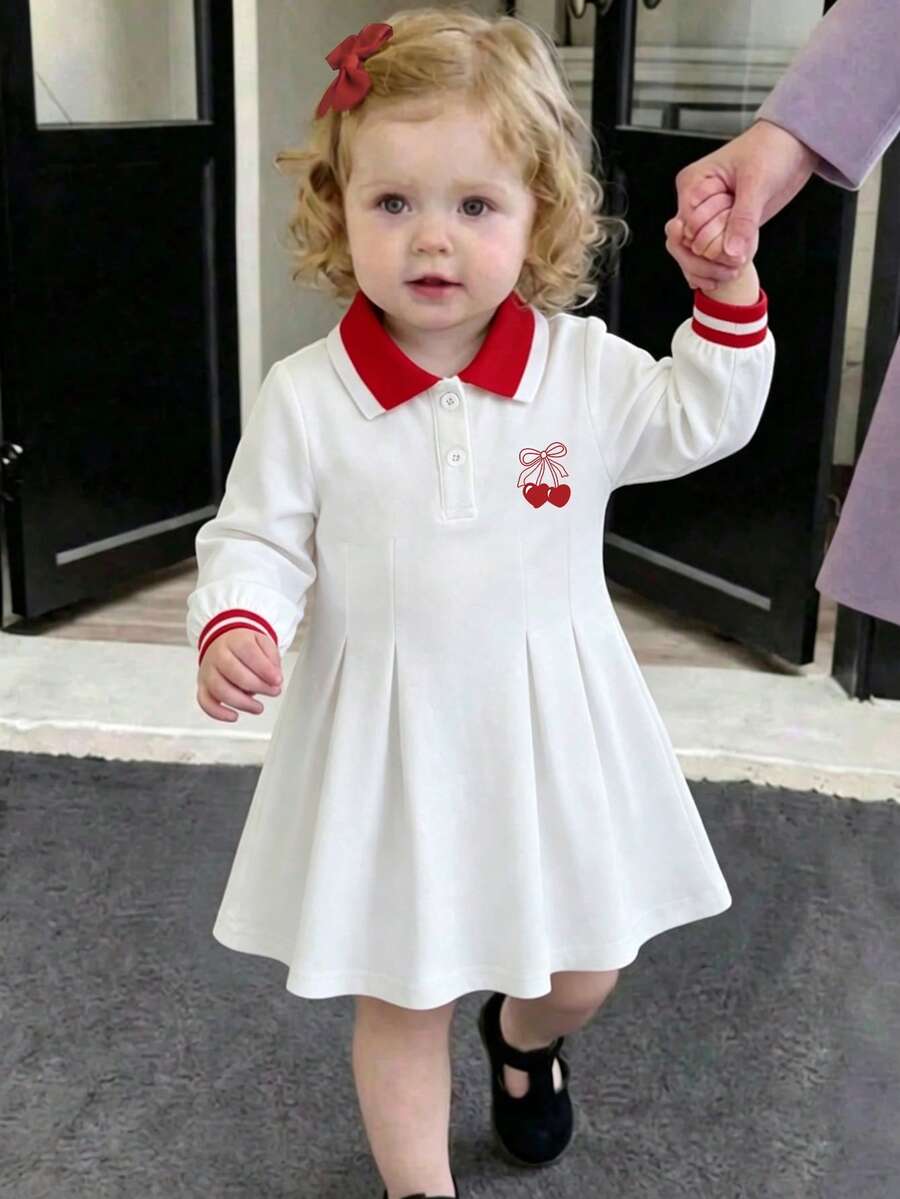 Baby Girl Cherry Print Long Sleeve Dress - White - View 1