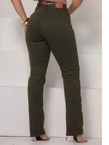 Women's Straight Leg Trousers In Satin Twill, Tailored Style, Malloy Style - 軍綠色 - 查看 1