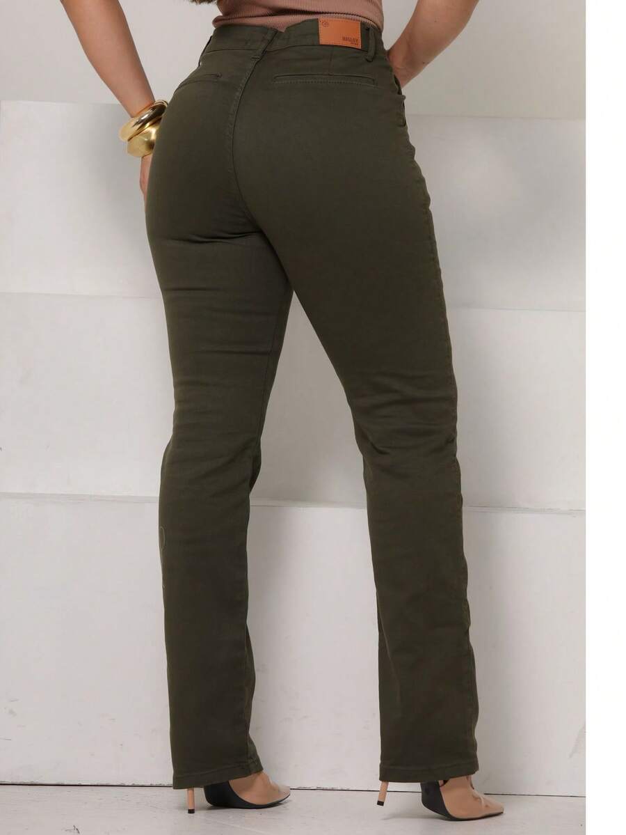 Women's Straight Leg Trousers In Satin Twill, Tailored Style, Malloy Style - 軍綠色 - 查看 1