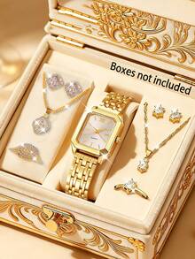 Bộ 9 món: Đồng hồ nữ cao cấp mặt vuông, máy quartz, dây chuyền đính đá lấp lánh, nhẫn và bông tai. Thích hợp cho ngày Valentine, sinh nhật, đeo hàng ngày và phong cách Bohemian. Vỏ hợp kim, máy quartz. - khối lập phương - Xem 12