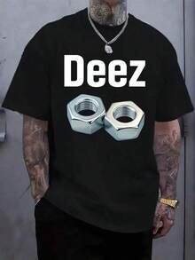 Funny Men's T-Shirt With Deez Nuts Meme Design And Nuts And Bolts Graphics - Black Short Sleeve Cotton Crew Neck T-Shirt, White Text Print, Casual Urban Wear For Everyday Use, All Seasons Gift For Men (Nutcracker Joke Design) - 黑色 - 查看 1
