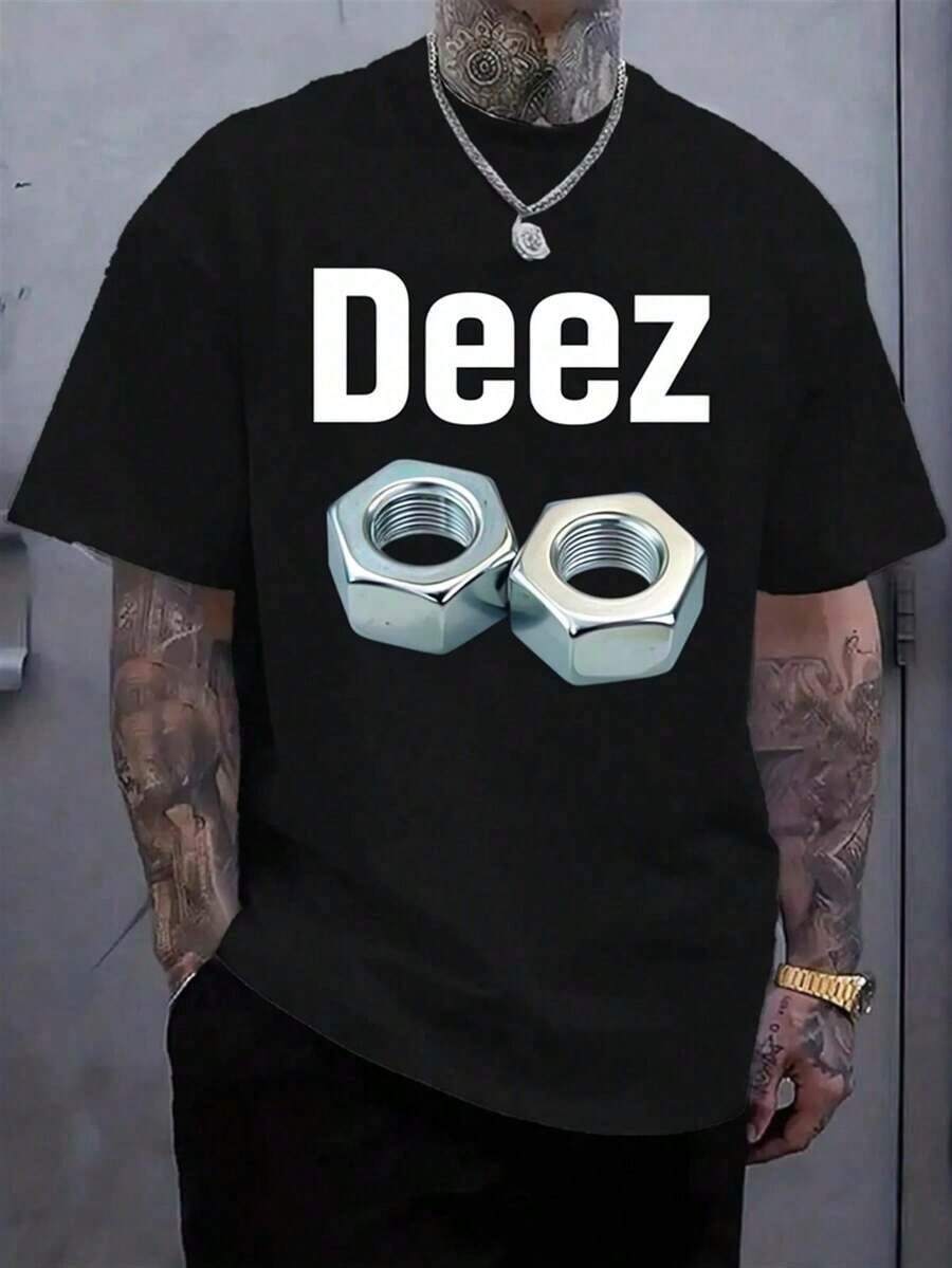 Funny Men's T-Shirt With Deez Nuts Meme Design And Nuts And Bolts Graphics - Black Short Sleeve Cotton Crew Neck T-Shirt, White Text Print, Casual Urban Wear For Everyday Use, All Seasons Gift For Men (Nutcracker Joke Design) - 黑色 - 查看 1