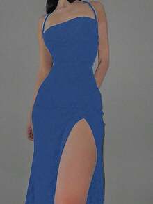 Vestido elegante de unicolor y sexy con espalda descubierta y abertura alta, para fiestas y eventos casuales de verano en color negro - Azul - Ver 3