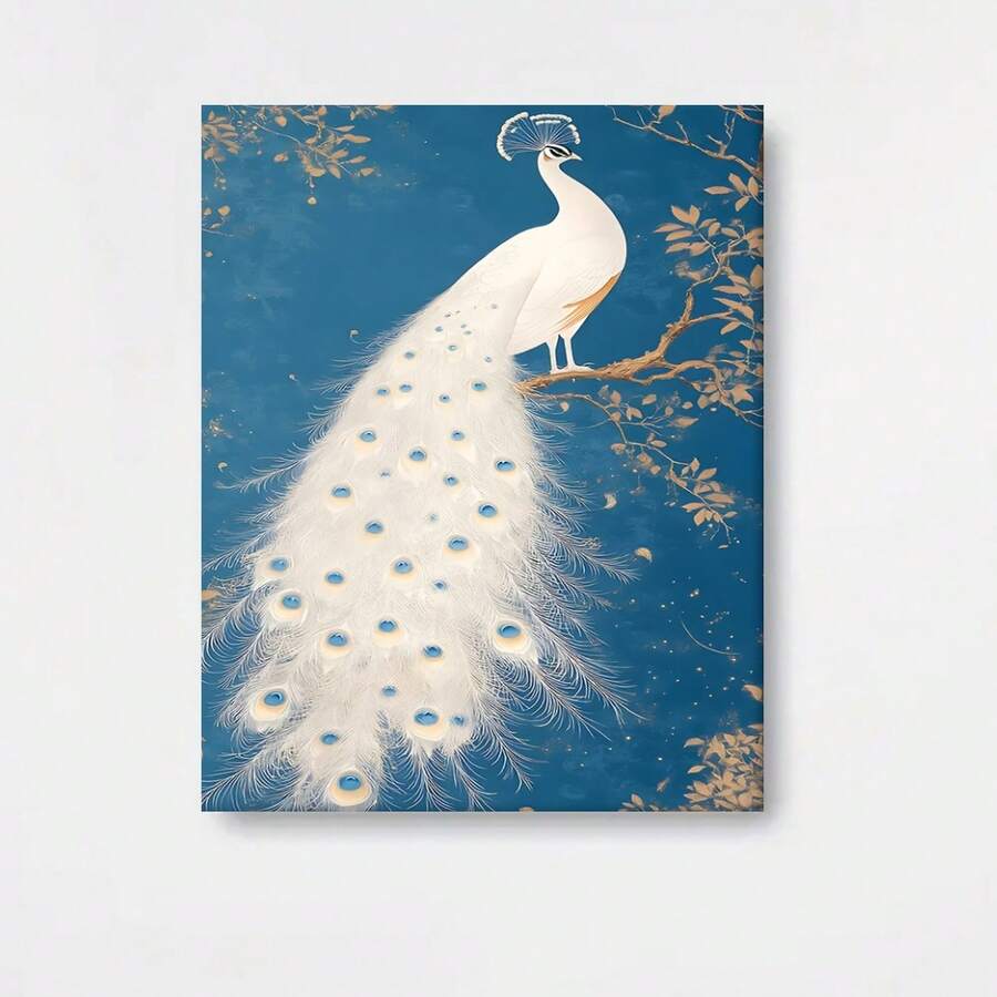 Pintura en lienzo de pavo real blanco magnífico, 2D plano, 2D plano, 1 pieza, sin marco - Arte de pared lujoso adecuado para una decoración elegante del hogar, un regalo perfecto para amantes del arte y la naturaleza, interesante decoración de pared de lienzo creativo para dormitorios familiares, cocinas - Enmarcado - Ver 1