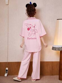 Disney 2件套迪士尼情侣睡衣，迪士尼卡通印花短袖纽扣衬衫和长裤套装，柔软家居睡衣（女款） - 粉色 - 查看 5