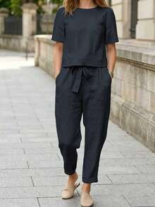 2Pcs Women Solid Color Casual Long Sleeve T-Shirt And Pants Set Summer - Navy - View 1