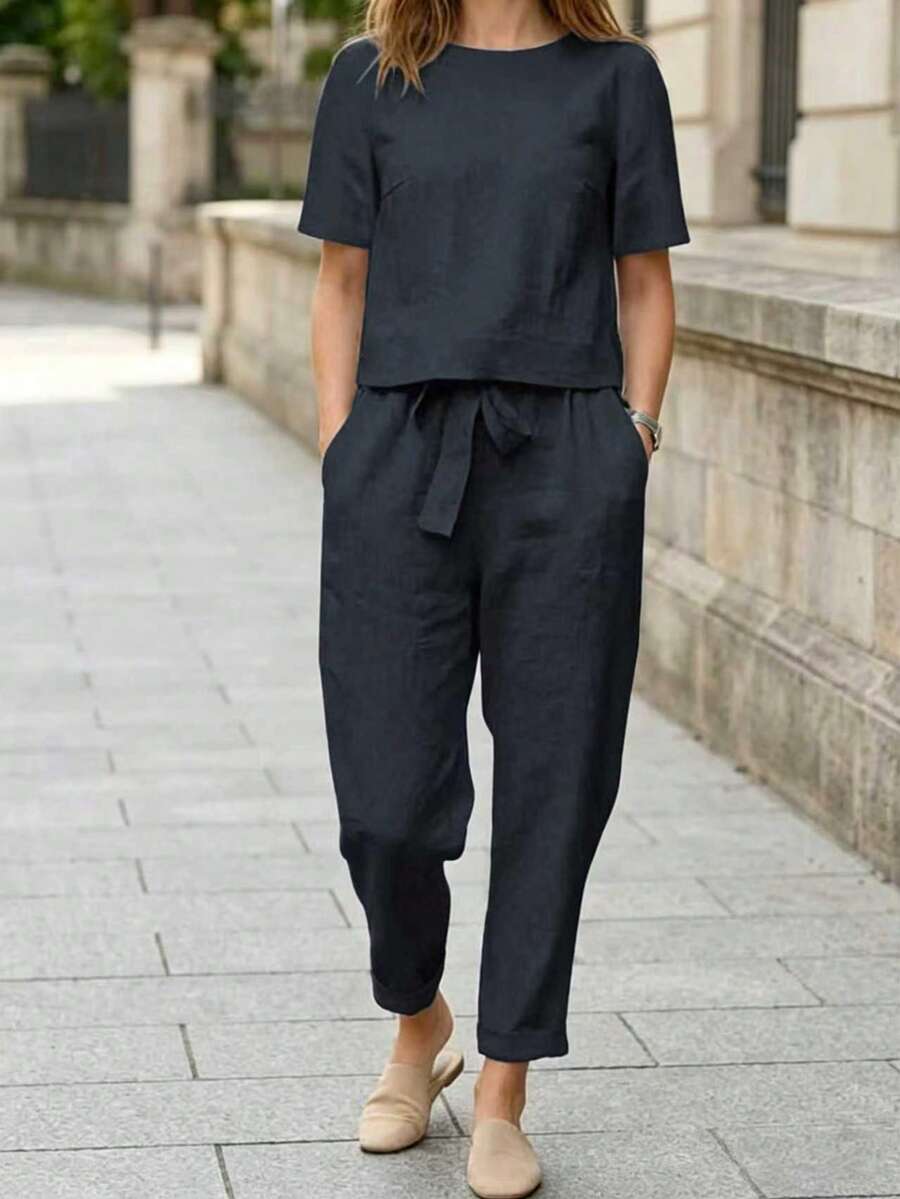 2Pcs Women Solid Color Casual Long Sleeve T-Shirt And Pants Set Summer - Navy - View 1