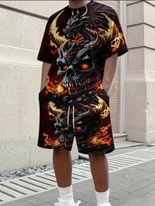 Men's Full 3D Print Shirt Set Dragon Skull Fire Flames's 2pcs Shirt Short Set - 風格 - 查看 3