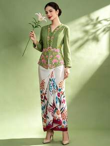 1 buah Rok Kebaya Nyonya Elegan Motif Bunga untuk Wanita, Musim Semi/Panas (Atasan Tidak Termasuk) - Putih - View 10