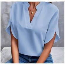 Camisa de manga corta con encaje liso para mujer, blusa informal básica con cuello en V Regular - estilo4 - Ver 3