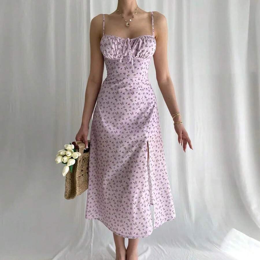 Hugcitar mujeres elegante Floral vacaciones en la playa ceñido al cuerpo ropa de calle vestido largo 2024 ropa de verano artículos al por mayor para negocios - 752-Rosa - Ver 1