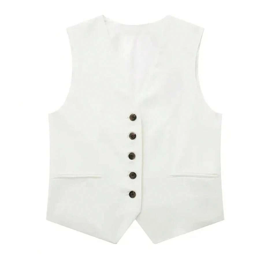 Conjunto liso Vintage para mujer, chaleco sin mangas con cuello de pico y botones, Top + bolsillos, pantalón corto elegante salvaje para ir al trabajo, verano 2024 - Top blanco - Ver 1