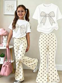 Girls' Bow Polka Dot Pattern Round Neck Short Sleeve T-Shirt + Random Cut All-Over Polka Dot Flare Pants, New Summer/Spring Girls Outfit - Multicolor - View 2
