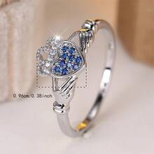 1 chiếc nhẫn Claddagh đính đá CZ xanh dương, nhẫn đính ước hình trái tim vương miện mạ bạc, trang sức kiểu Ireland dành cho nữ. - Màu xanh lam - Xem 4