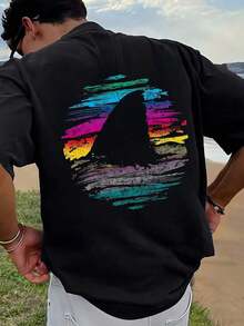 Camiseta de hombre con estampado gráfico, ropa de playa de verano, camiseta de manga corta de corte holgado - Negro - Ver 1