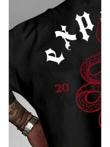 Camiseta de vestimenta callejera de ajuste suelto de los hombres con impresión de serpiente 'EXPOSICIÓN' - camiseta de verano casual de tamaño mayor, cuello redondo de manga corta, patrón de serpiente, tela de poliéster lavable en máquina (disponible en estilos de viaje y al aire libre resistentes), TALLO PLUS - Negro - Ver 4