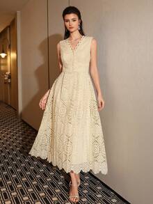 Women's New Elegant Lace Patchwork Design Minimalist Slimming Dress - Light Yellow - View 3
