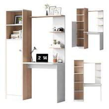 Desk/Work Table With Storage – White With Contrasting Slatted Wooden Top, Lower Cabinet With Doors And Open Upper Shelf, Office Design, 123.5 X 45 X 168.5 Cm - Putih - View 6