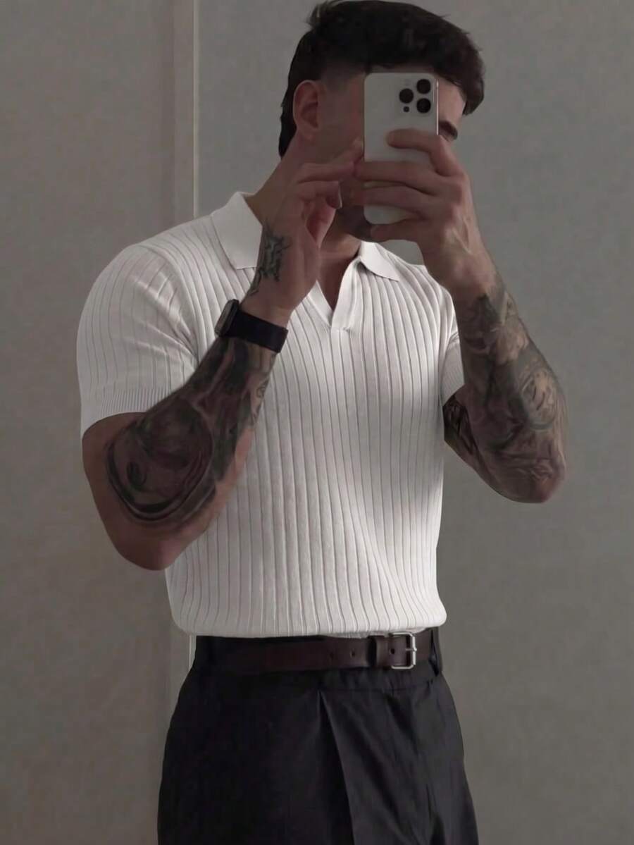 Men's Ribbed Airplane Collar Polo Knit Shirt, Short Sleeve, Summer Fashion