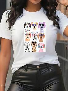 Camiseta de manga corta atlética de la moda de las mujeres - Estilo de impresión de perro colorido Diseño único lindo Máquina lavable Fácil coincidencia cómodo Casual cuello redondo Top Premium Adecuado para todas las estaciones Opciones de colores múltiples Perfecto para reuniones familiares Festive G - Blanco - Ver 2