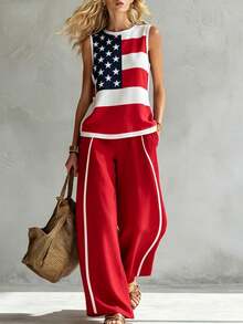 Casual Women's Crew Neck Tank Top & Wide Leg Pants Two-Piece Set, Red-White American Flag Star And Stripe Print With Red Pants And White Side Stripe, The Top Features Spliced Cut Design / The Straight-Leg Pants Come With Side Pockets, Suitable For Daily Commuting, Casual Outings, Vacations, Light Social Events And Other Occasions, Women's Summer Outfit Set. - 彩色 - 查看 1