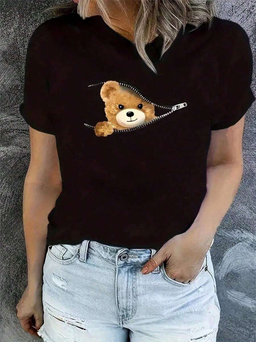 Camiseta Estampada con Patrones para Mujer, Manga Corta, Cuello Redondo, Top Casual para Verano y Primavera, Ropa de Mujer - Negro - Ver 1