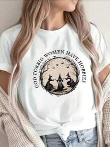 Camiseta de manga corta Dios prohíbe a las mujeres tienen pasatiempos diseño bruja, ligero y duradero, perfecto para el uso casual en casa o cafetería, ajuste cómodo para el uso diario, para Halloween - Blanco - Ver 2