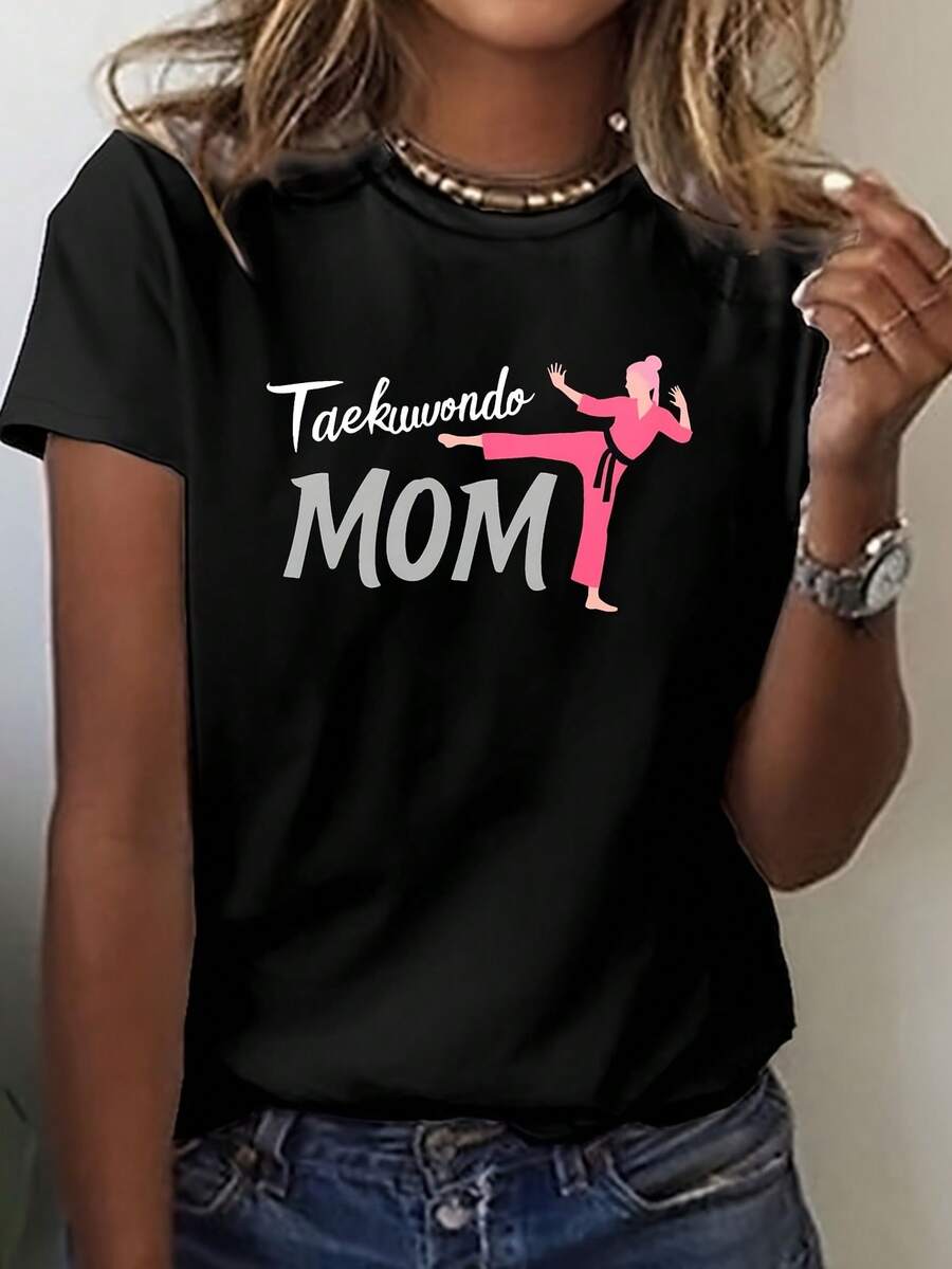 Women's Taekwondo MOM Graphic T-Shirt | Green Casual Crew Neck Short Sleeve With Pink Martial Arts Design, Perfect For Spring And Summer, Casual Wear, Playful Print, Comfortable And Breathable, Versatile For Daily Leisure And Summer Parties - 黑色 - 查看 1
