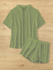 Basics Set de 2 piezas de kimono de unicolor de manga corta y shorts para mujer para vacaciones - Verde 2 - Ver 5