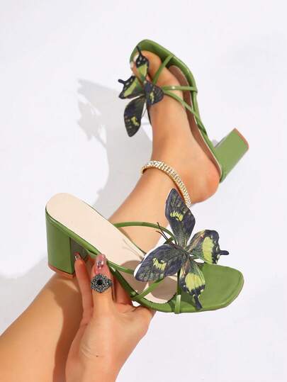 2026 Women's New High Heel Thick Heel Sandals, Butterfly & Flower Decor Square Toe Thick Heel Slippers, PU Material, Suitable For Party, Date, Outdoor Wear
