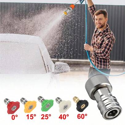 Garden Hose To Mini Power Washer Adapter-3/4 GHT To 1/4", Garden Hose Pressure Washer Attachment, Convert Water Hose To Power Washer Connector, Stainless Steel (Connector +5 Nozzle Set)