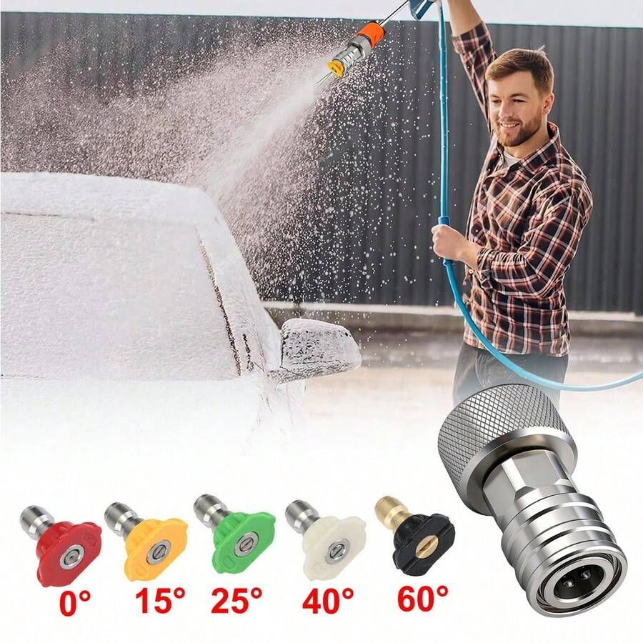 Garden Hose To Mini Power Washer Adapter-3/4 GHT To 1/4", Garden Hose Pressure Washer Attachment, Convert Water Hose To Power Washer Connector, Stainless Steel (Connector +5 Nozzle Set) - Silver - View 1