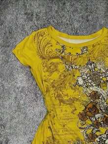 Camiseta casual versátil de mujer con cuello redondo y manga corta plisada - Amarillo - Ver 5
