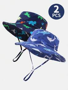 2 piezas Sombrero de cubo ajustable con protección solar, transpirable y casual, de unicolor con estampado, adecuado para viajes al aire libre y uso diario para niños - Multicolor - Ver 7