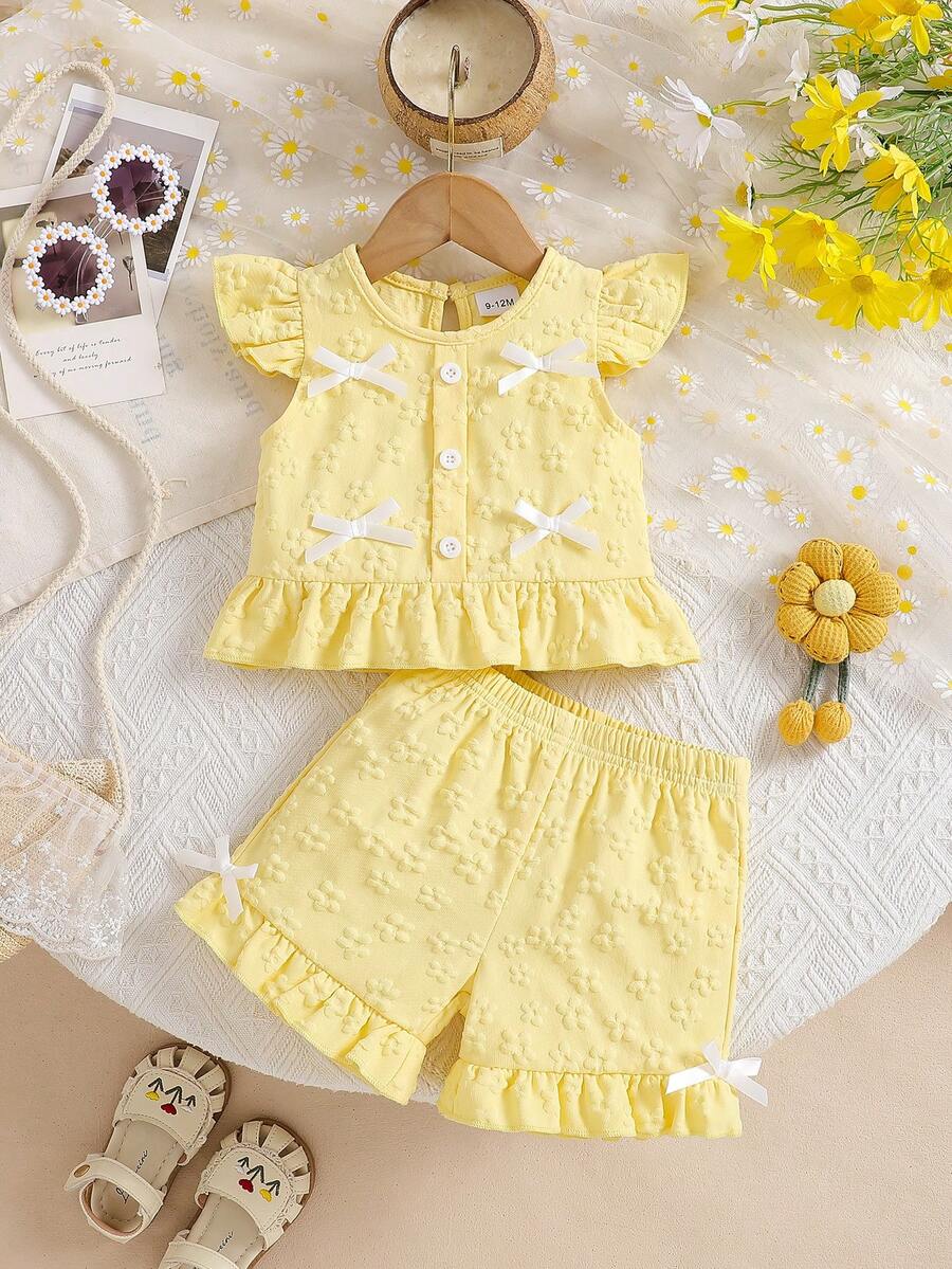 2件組嬰兒/女嬰甜美風荷葉袖蝴蝶結上衣+短褲夏季套裝,嬰兒/新生兒休閒荷葉邊兩件套 - 黃色 - 查看 1