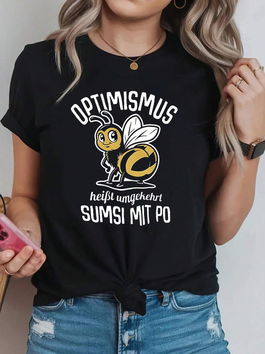 Top femenino manga corta cuello redondo en algodón puro, diseño estampado moderno, tela fresca y aireable, prenda versátil para look casual, ocasiones diarias y encuentros sociales todo el año - Negro - Ver 1