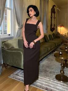 Women's Solid Color Long Dress With Slit - Brown - View 1