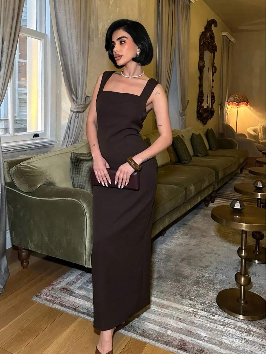 Women's Solid Color Long Dress With Slit - Brown - View 1