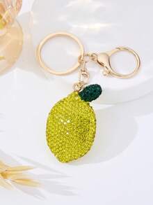 Sparkling Rhinestone Lemon Keychain, Cute Fruit Keyring, Gold Tone Bag Charm For - Yellow - View 2