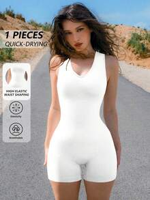 DINBEY Women's Solid Color Seamless Ribbed Yoga Sports Jumpsuit - White - View 1