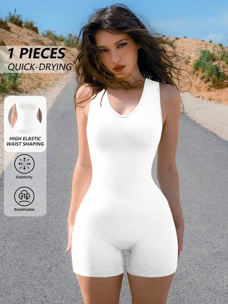 DINBEY Women's Solid Color Seamless Ribbed Yoga Sports Jumpsuit - White - View 1