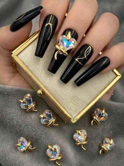 10 chiếc mặt dây chuyền hình rắn 3D mạ vàng đính đá hình trái tim, phụ kiện hợp kim phong cách Gothic Punk tối màu dành cho móng tay dài hình quan tài.