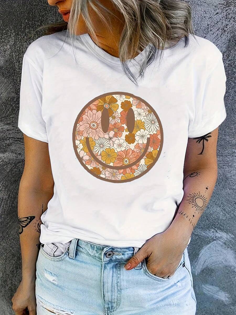 Camiseta casual de manga corta con diseño de flor de cara, perfecta para verano y primavera, diseñada para mujer.