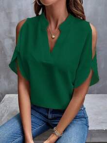 Elegante Camisa de Manga Corta con Cuello en V para Mujer - Color Sólido, Cuello con Muescas, Estilo Europeo y Americano Holgado y Versátil - verde - Ver 4