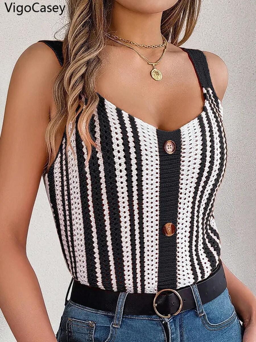 VigoCasey 2026 Top de Tirantes Ajustado sin Hombros para Mujer, Chaleco Sexy de Punto con Retazos, Blusa Casual sin Mangas para Verano - Negro - Ver 1