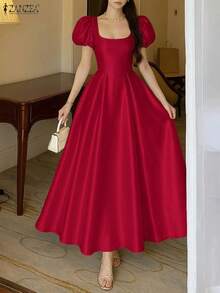 ZANZEA-Vestidos largos elegantes de satén blanco para mujer, vestido de noche para invitadas de boda, vestido de fiesta de cóctel, cuello cuadrado, sin mangas - Vino tinto (Estilo 2) - Ver 4
